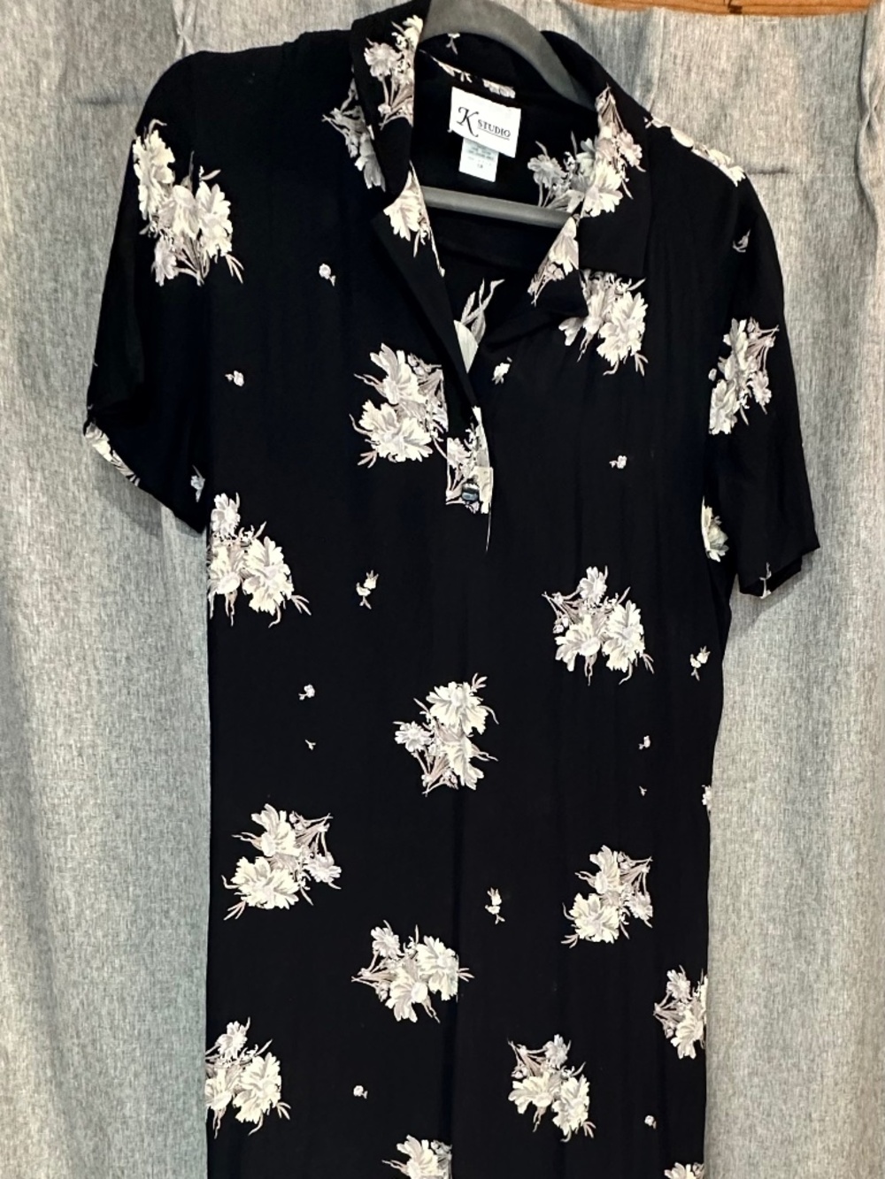 Vintage K Studio Black White Floral Short Sleeve Midi Shirt Dress Size 10